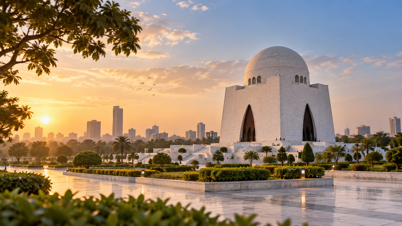 Mazar-e-Quaid and the Karachi skyline at sunset