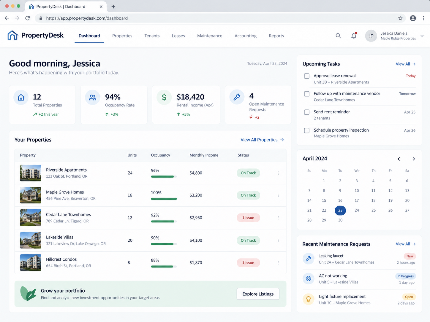 PropertyDesk property management dashboard