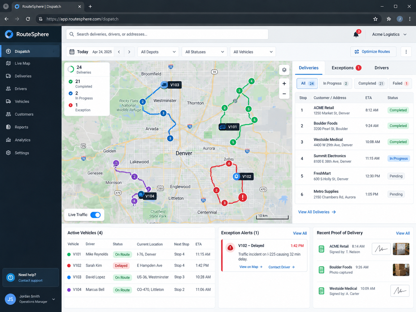 RouteSphere logistics dispatch dashboard